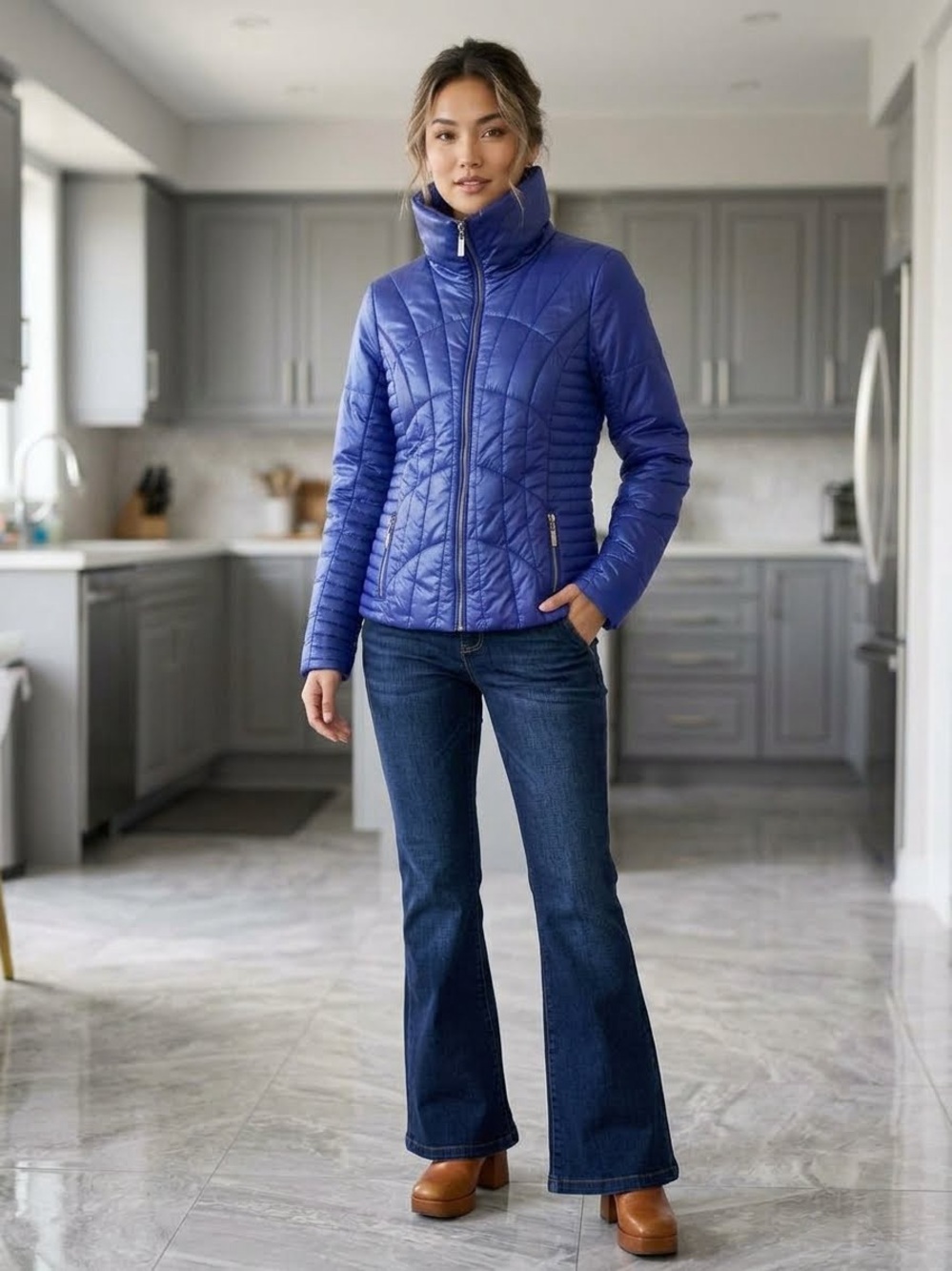 GUESS Women's Quilted Puffer Jacket - Blue